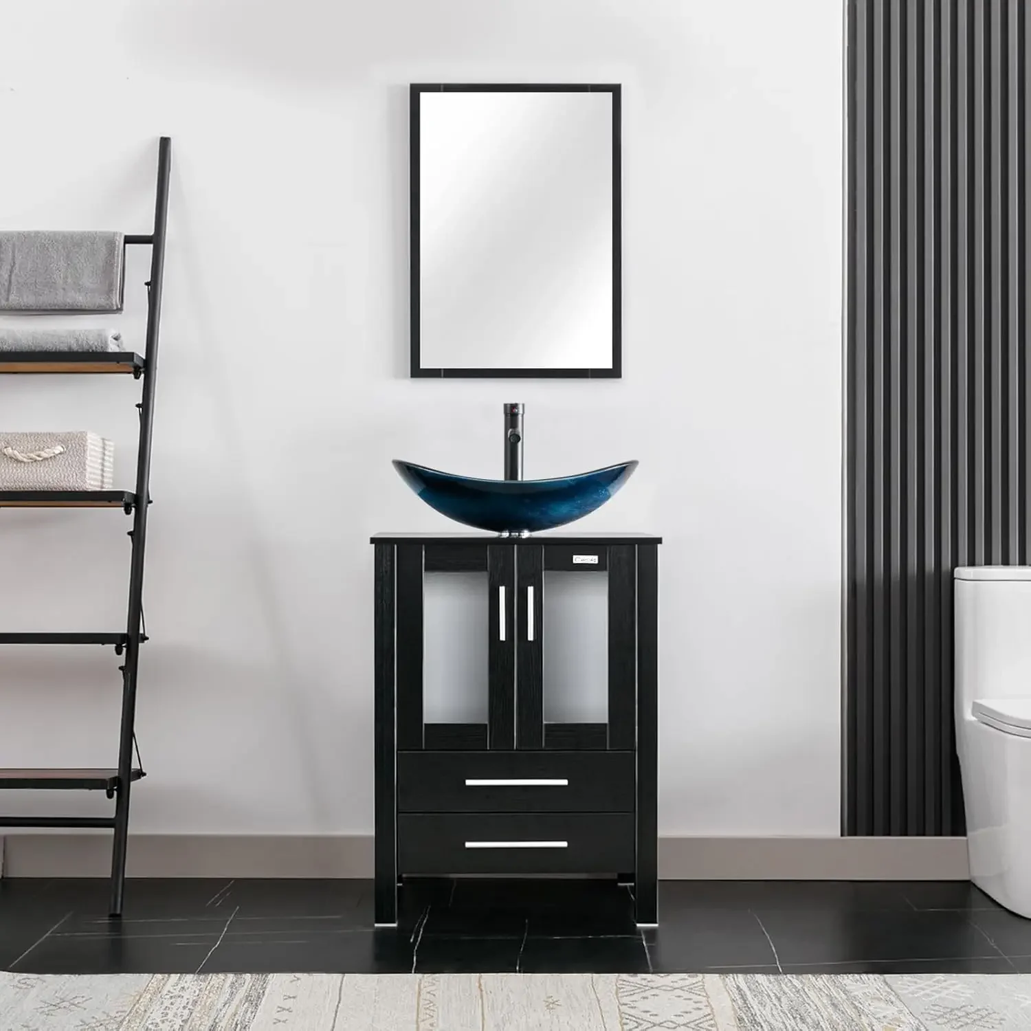24" Modern Bathroom Vanity Sink Combo Black Stand Cabinet with Blue Boat Tempered Glass Vessel Sink & Water Save Faucet 2