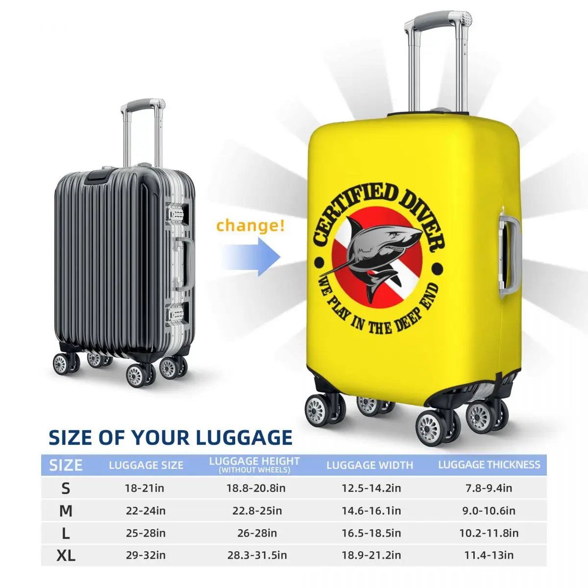 Custom Shark Certified Diver Suitcase Cover Dust Proof Scuba Diving Luggage Covers Protector for 18-32 inch 6