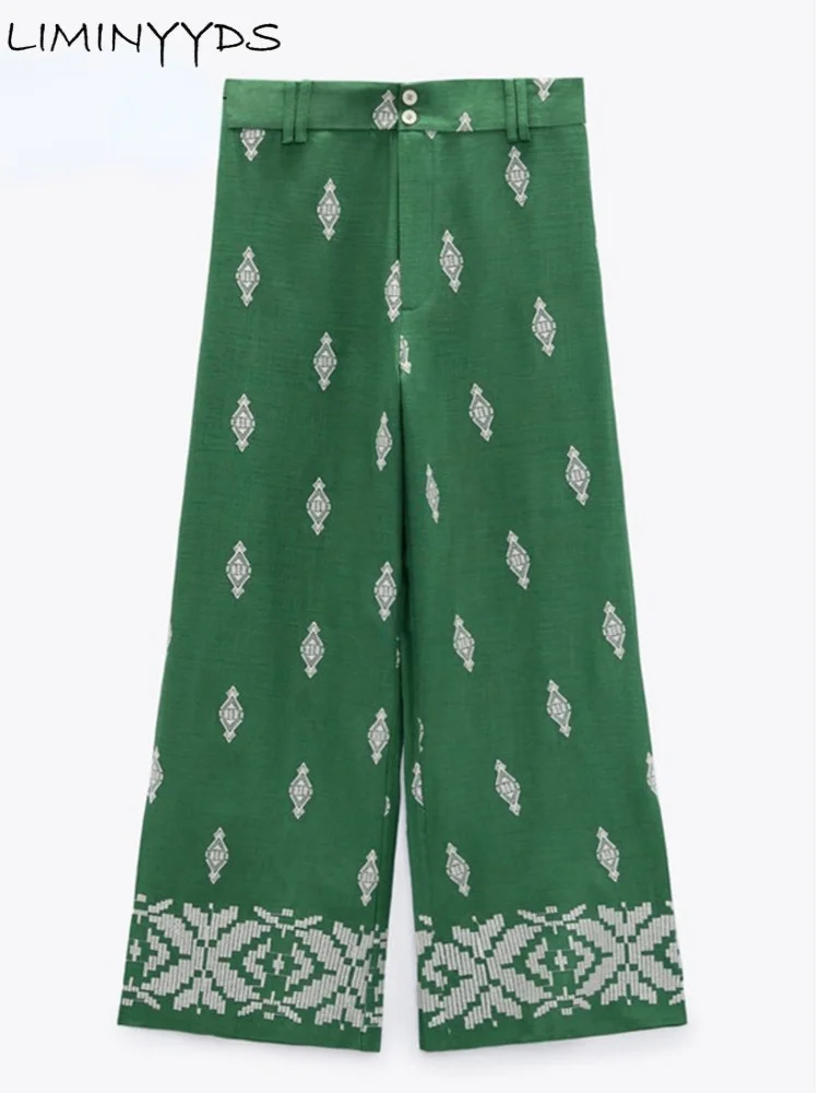 

Green Chic Women's Pants 2023 Embroidery Loose Full Length Ladies Trousers Casual High Waist Wide Pants For Female Mujer
