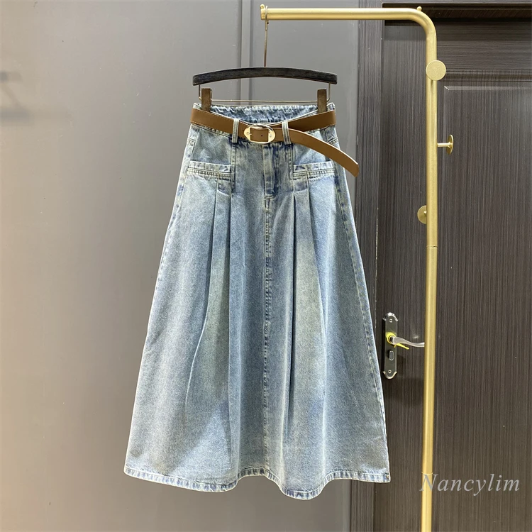 Retro Denim Skirt Women Spring and Summer New Design Sense Niche High Waist Slimming Long Big Hem A- Line Skirts 2024