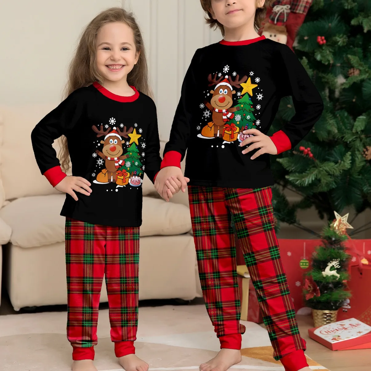Autumn and winter cartoon elk letter Christmas tree printing family Christmas set For a family of four pajamas pants 2 pieces matching outfit matching pajamas matching sleepwear