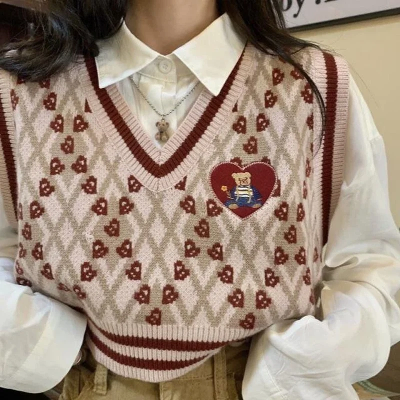 

Deeptown Kawaii Sweater Vest Women Argyle Preppy Sweater Y2k Sleeveless Jumpers for Girls 2022 Vintage Graphic College Clothes
