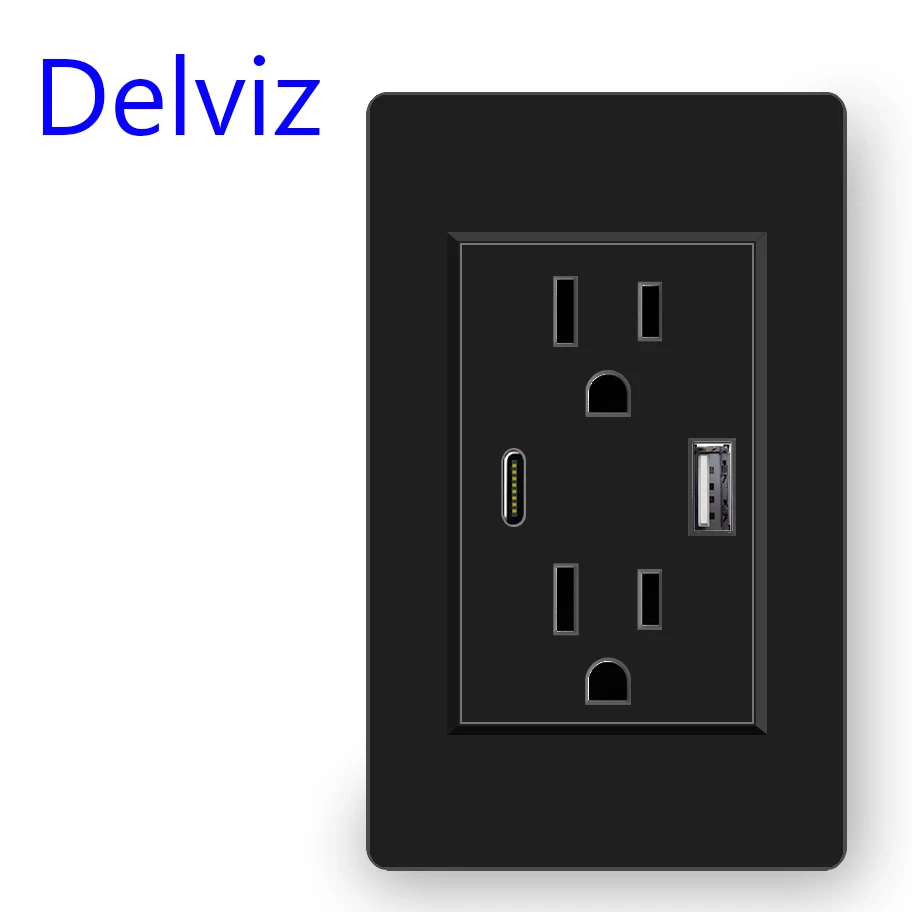 Delviz US Standard USB Socket, 2A Double USB Port, 118mm*72mm panel, United States AC 110V ~250V, Wall Embedded 15A Power Outlet