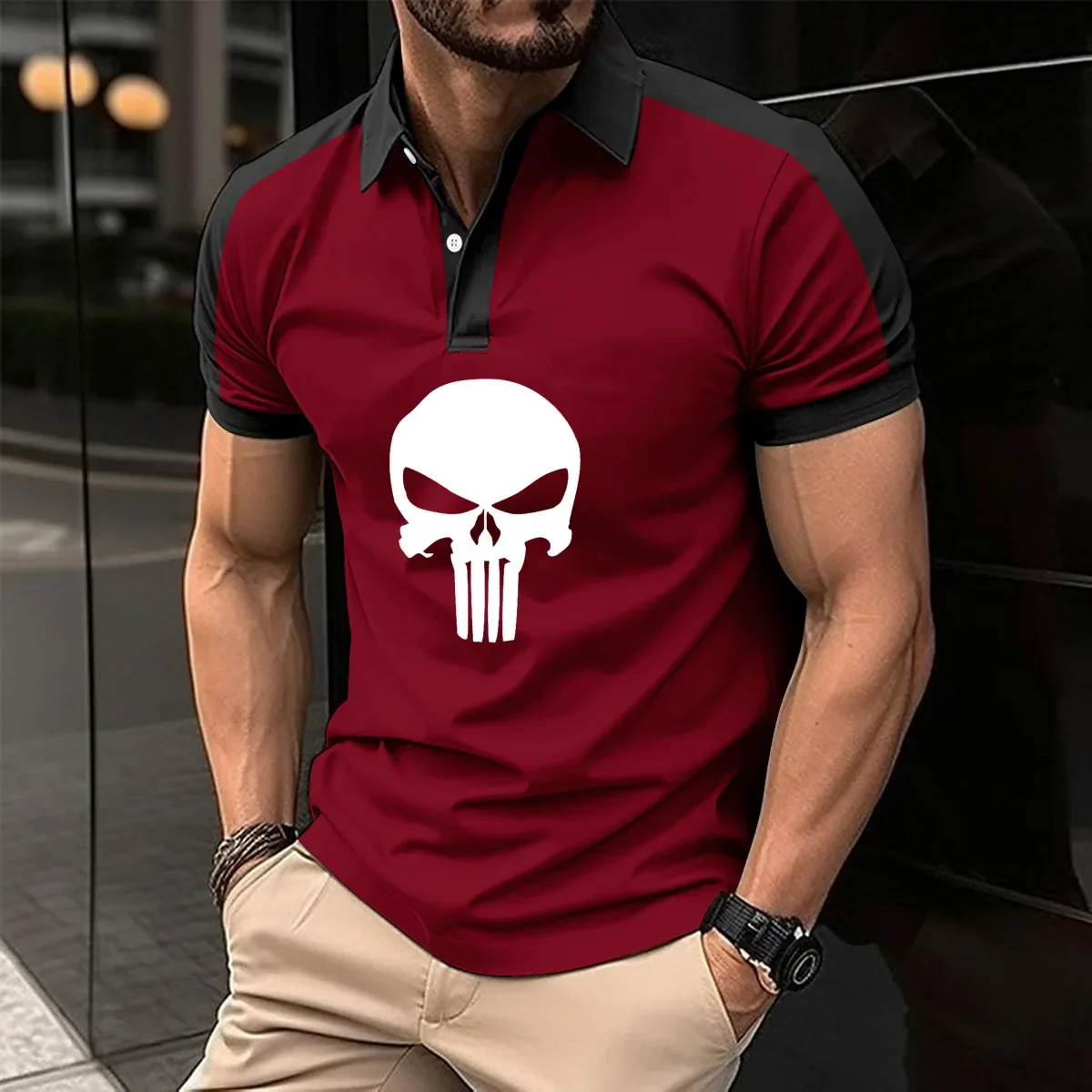 Description Picture 4 of item50% Cotton Polo Men Shirt Short Sleeve Polo Shirt Contrast Color Polo Skull print Summer Streetwear Casual Fashion Men tops