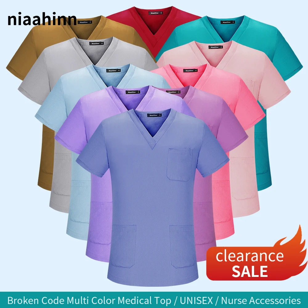 Clearance Sale Solid Color Nursing Scrub T-shirt Short Sleeve V Neck Medical Tops Women Lab Uniform Overalls Pocket Nursing Tops