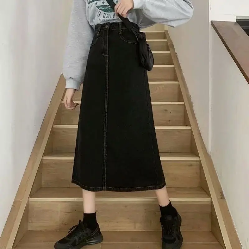 High Waist A-Line  Midi Denim Skirt Women's Design Sensation Small ence Hip Concealment Slit Skirts