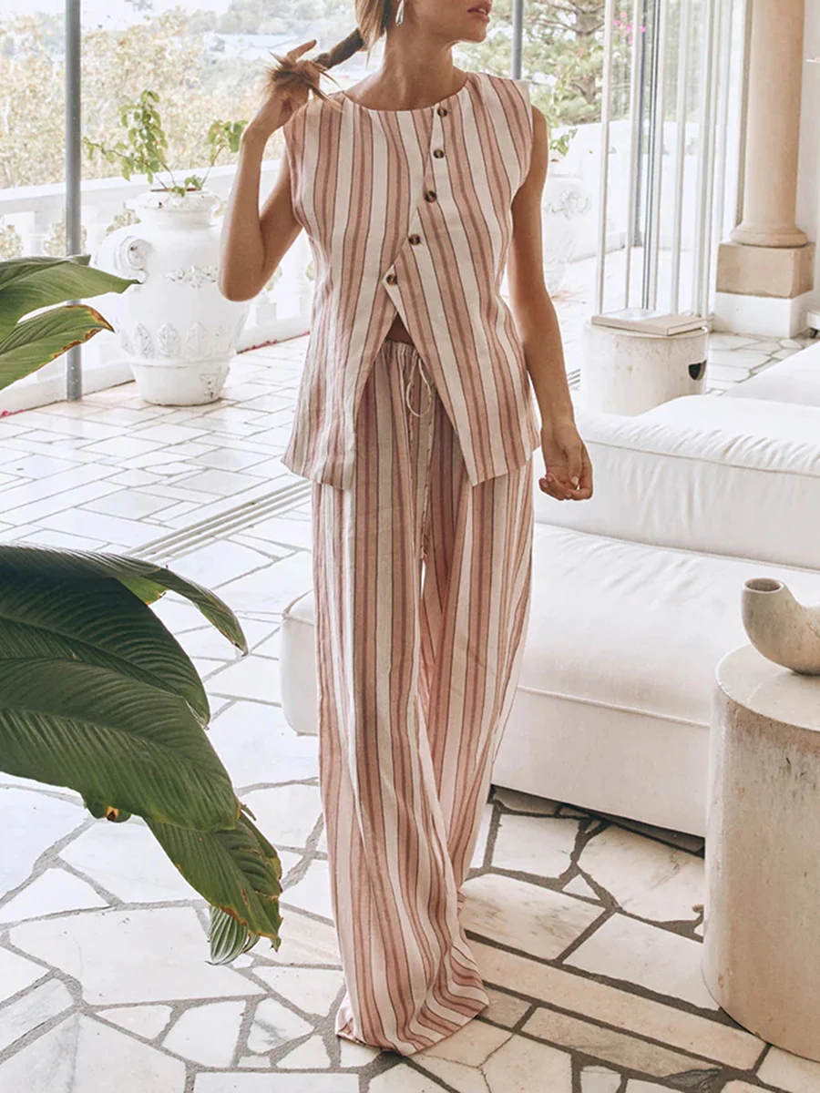 

Женский комплект из майки и брюк, однотонный топ с полосатым принтом, с разрезом на Подоле и свободные брюки со шнурком, Размеры S M L, на лето