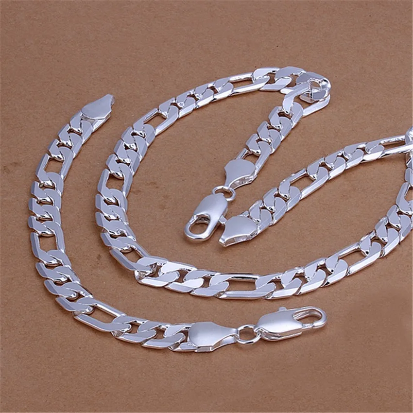 

Hot Classic 12MM Chain 925 Sterling Silver Bracelets necklace Jewelry set for men woman 18-30 inches Fashion Party wedding Gifts