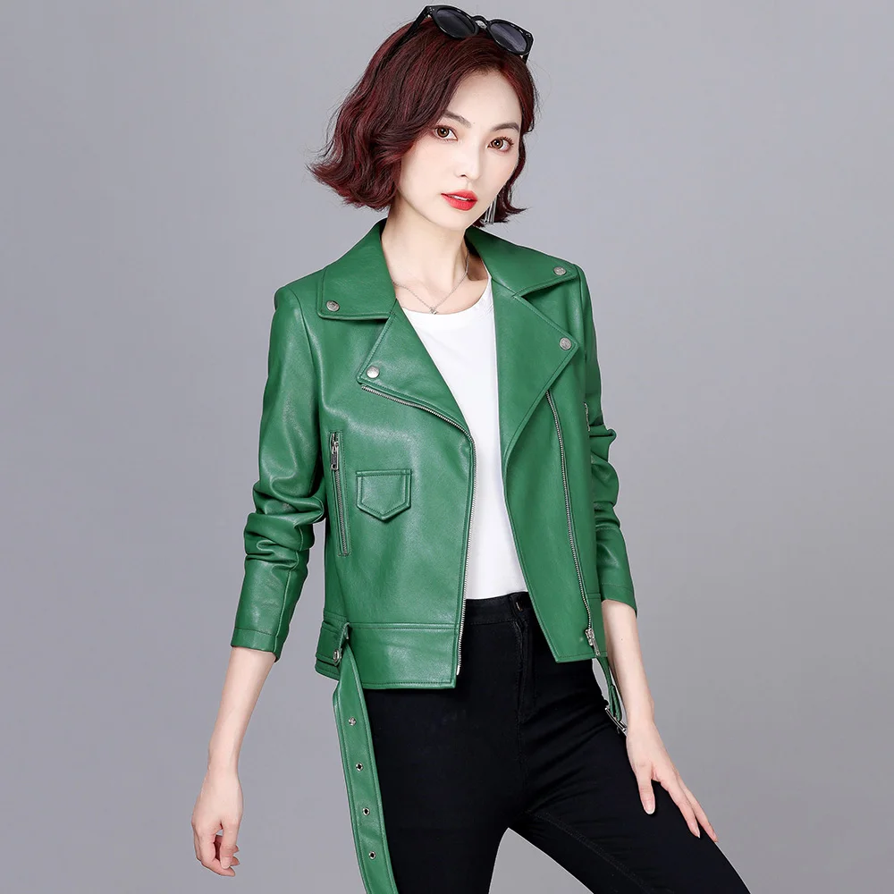 цена New Women Moto Leather Jacket Spring Autumn Fashion Cool Biker Style Suit Collar Short Sheepskin Coat Slim Split Leather Jacket