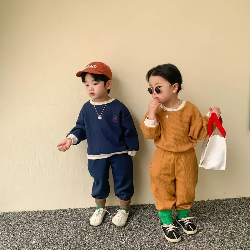 Autumn Baby Clothes Set Kids Clothes Girls Boys 2 Pcs Suit Waffle Kids Sports Sweatshirt Solid Color Casual Two Piece Set kids clothing set kids sports suit boys clothing set children sports suit kids sweatshirt set