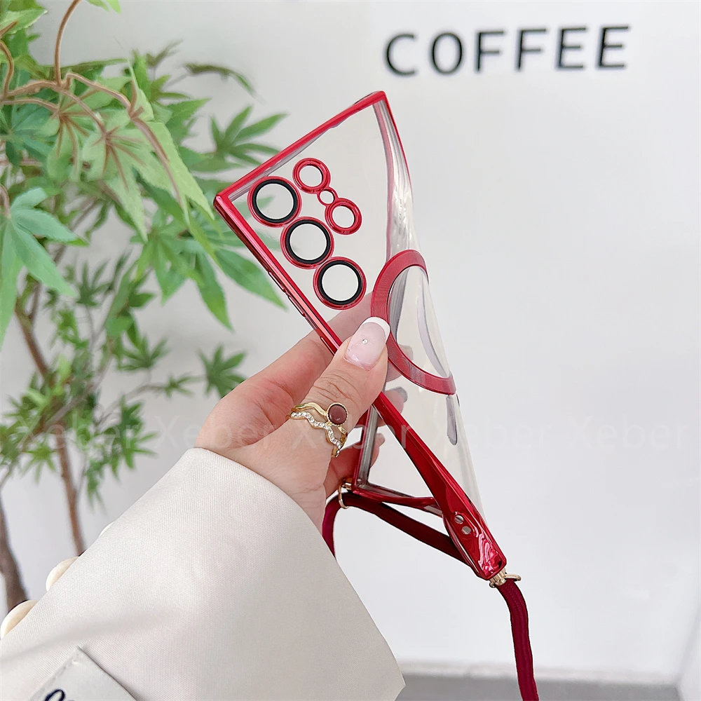Magnetic Clear Plating Crossbody Necklace Lanyard Case with Lens Glass Cover