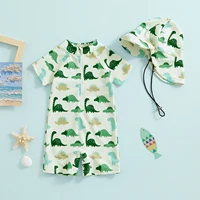 Infant Baby Boys Swimsuit Sun Protection Bathing Suit Toddler Short Sleeve Animal Print Zipper Swimwear + Hat Children Beachwear 5