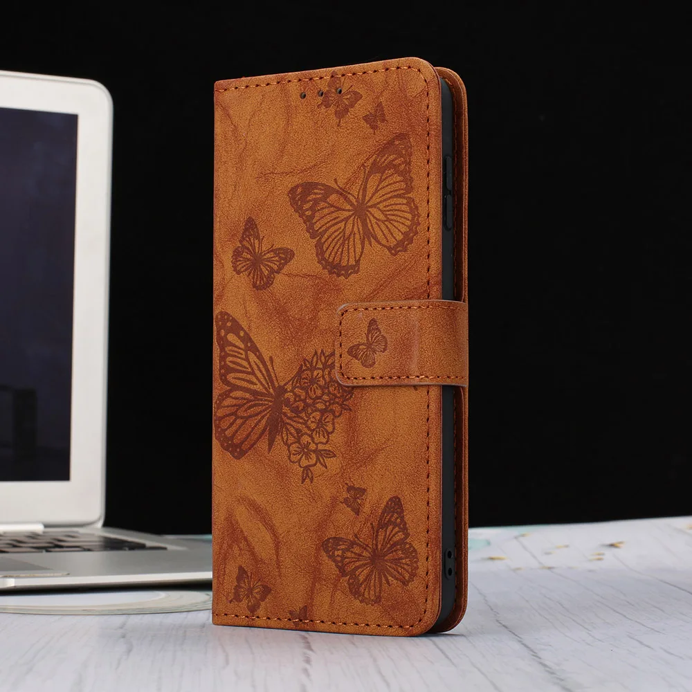Butterfly Embossed Leather Wallet Phone Case with Card Slots and Strap