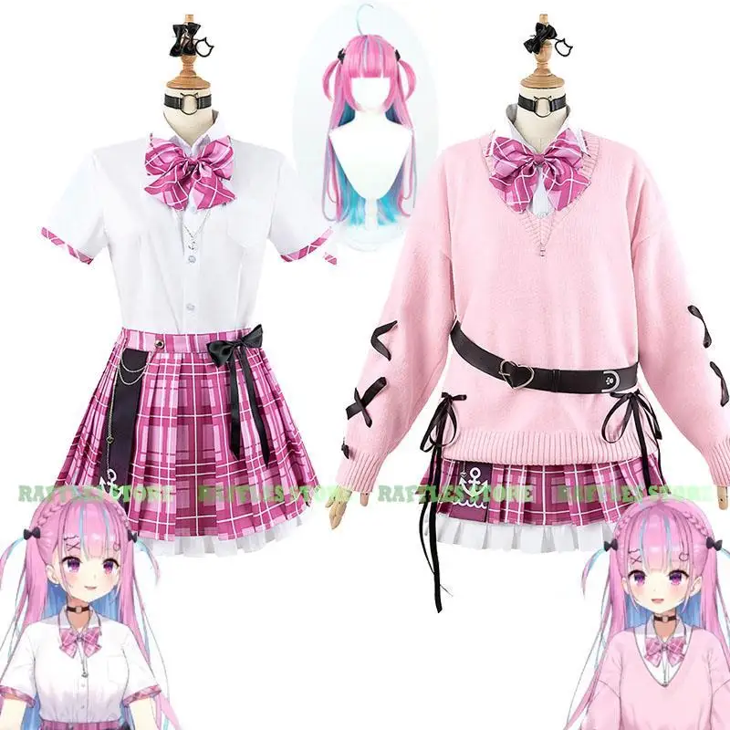 

Hololive Minato Aqua Cosplay Costume Wig Debu Pink Sweater Skirt JK Uniform Anime VTuber Cosplay Hallowen Party Suit YouTuber