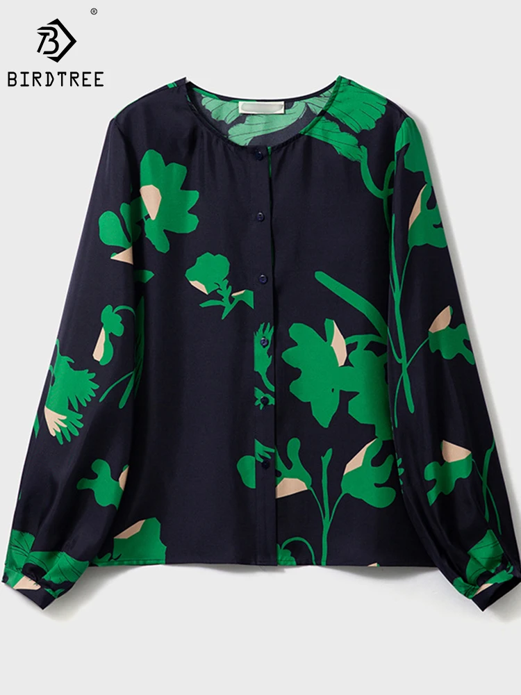 

Birdtree 100%Mulberry Silk Minimalist Style Shirt Twill Silk Round Neck Loose Balloon Sleeves For Slim Temperament Top T38032QD