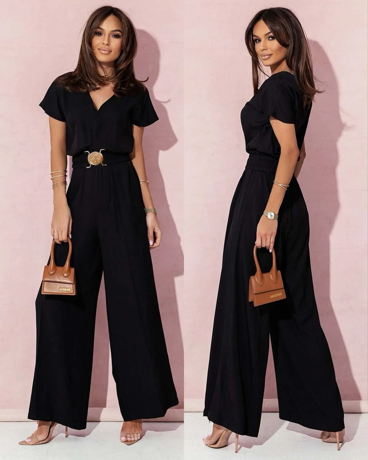 

Summer Women Solid V-neck Slim Short Sleeved Long Jumpsuits Elegant One Pieces Romper Outfit Party Overalls