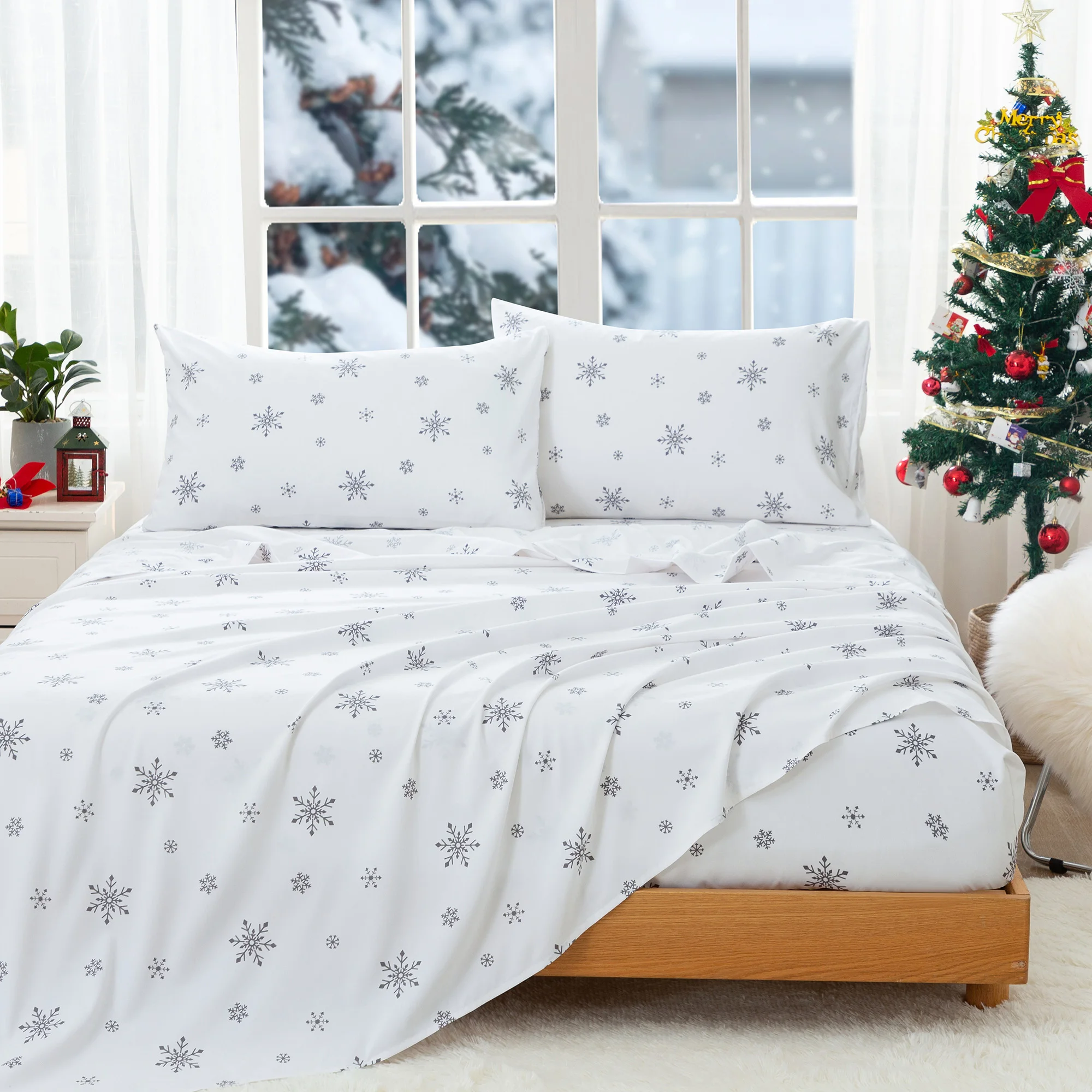 

White Snowflake poly cotton comforter bedding sets.Deep Pocket:16 inch/40.64cm,Pillowcase:20*30 inch/50.8*76.2 inch.Twin/Twin XL