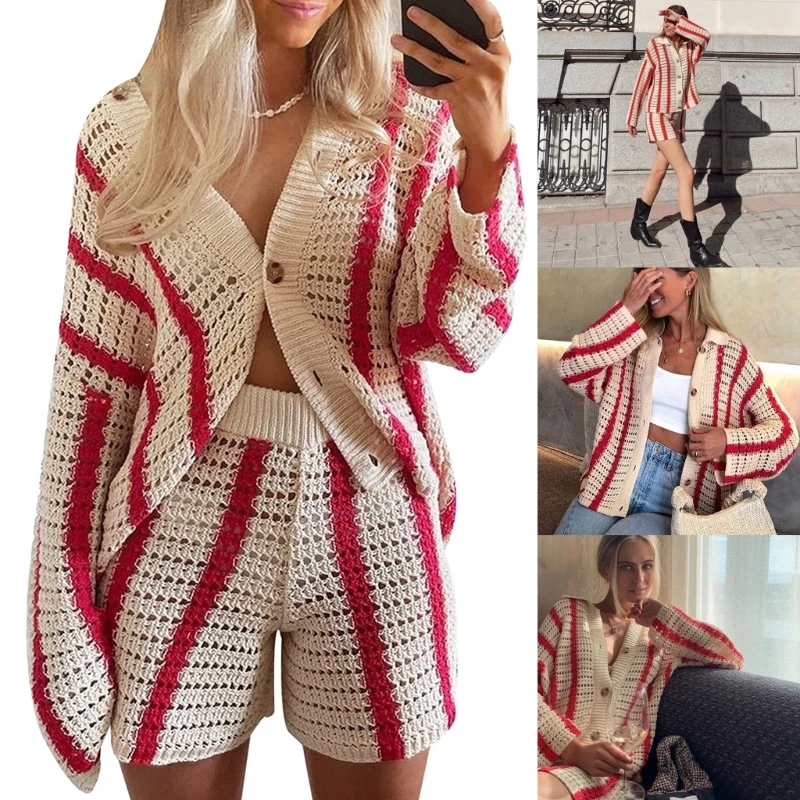 

Женский вязаный кардиган Y2k, полосатый кардиган с длинным рукавом, вязаный полосатый свитер Y2K, кардиган на пуговицах с V-образным вырезом