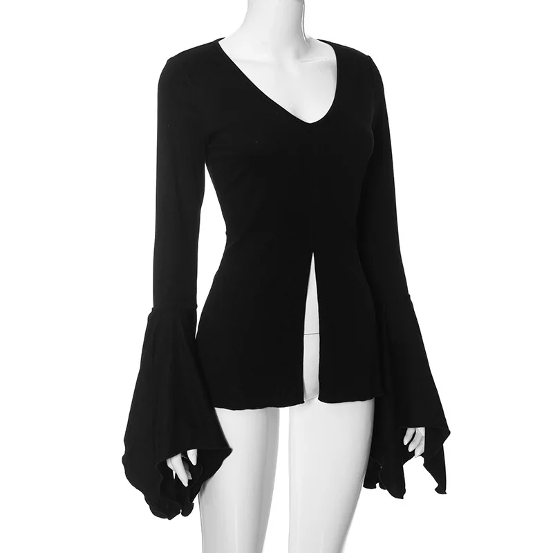Goth Fairy Grunge T-Shirt | Flare Sleeve V-neck Blouse | Y2k Black Alt Tops