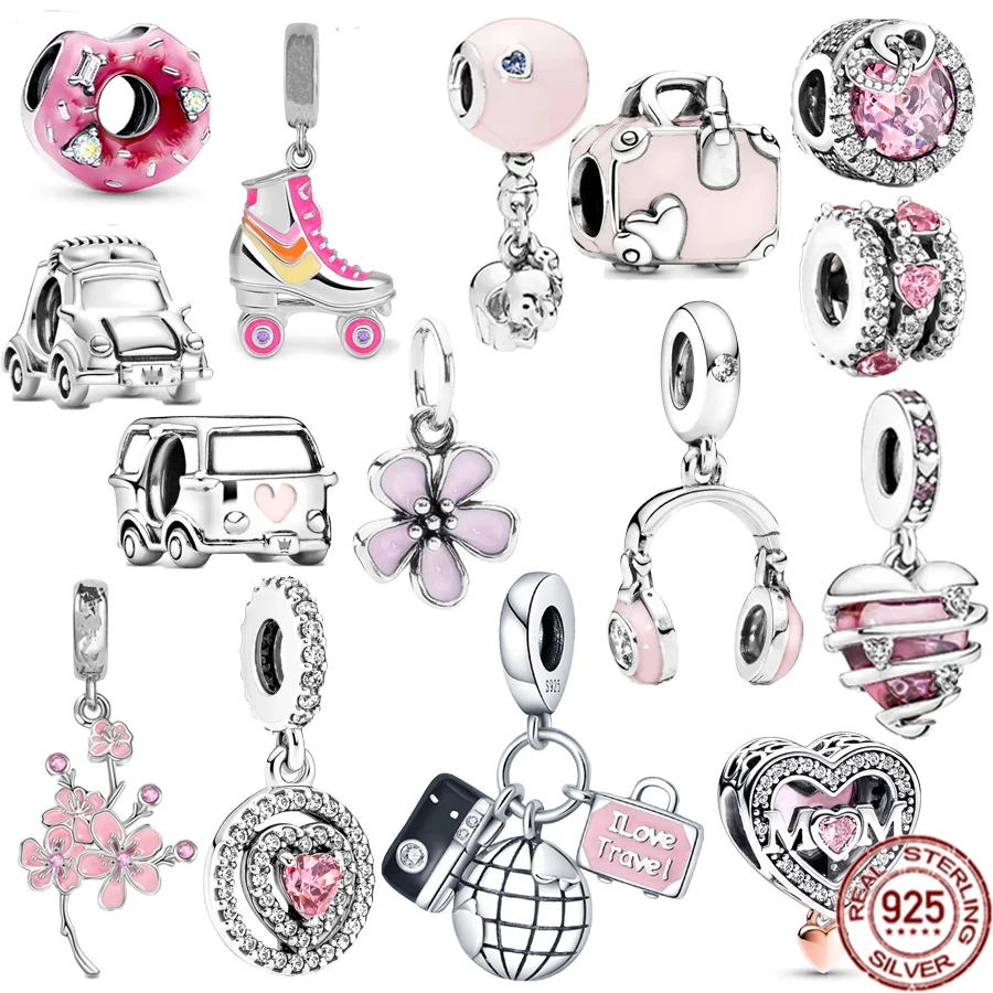 

925 Sterling Silver Pink Car Travel Bag Beads Headphones Cherry Blossoms Dangle Charm Fit Original Pandora Bracelet Jewelry Gift