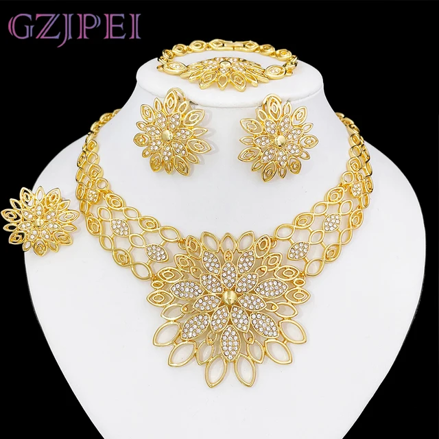 Luxury Jewelry Set For Women High Quality 18K Gold Plated Dubai Jewelry Necklace Earring Ring Bracelet Trending 1
