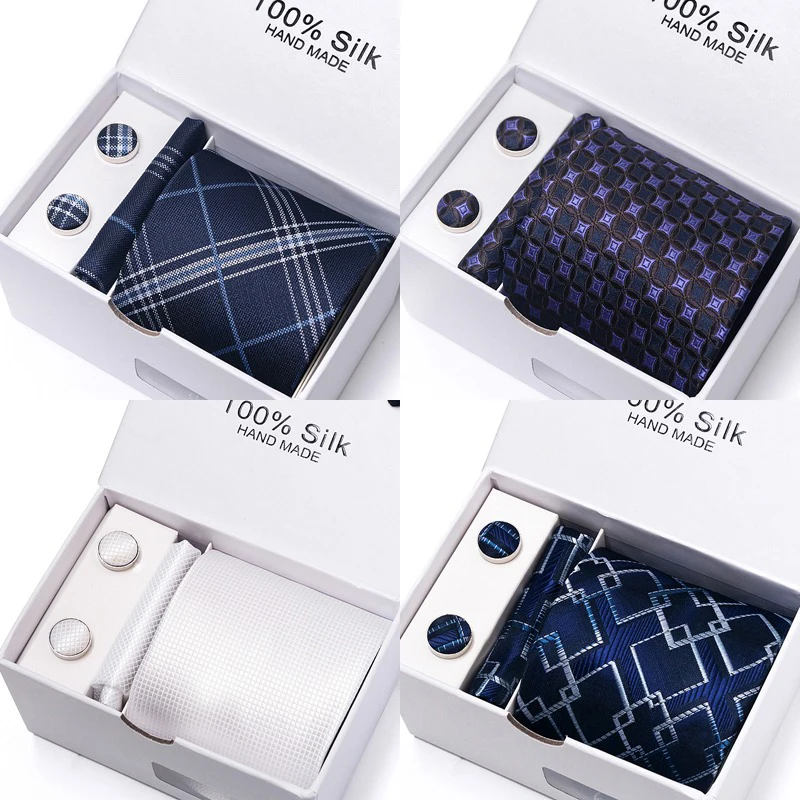 Neck Tie Mini Handkerchief Classic Style 65 Colors Silk Tie Handkerchief Cufflink Set Men Necktie Box Solid Color Sky Blue Fit Wedding Office Cravat