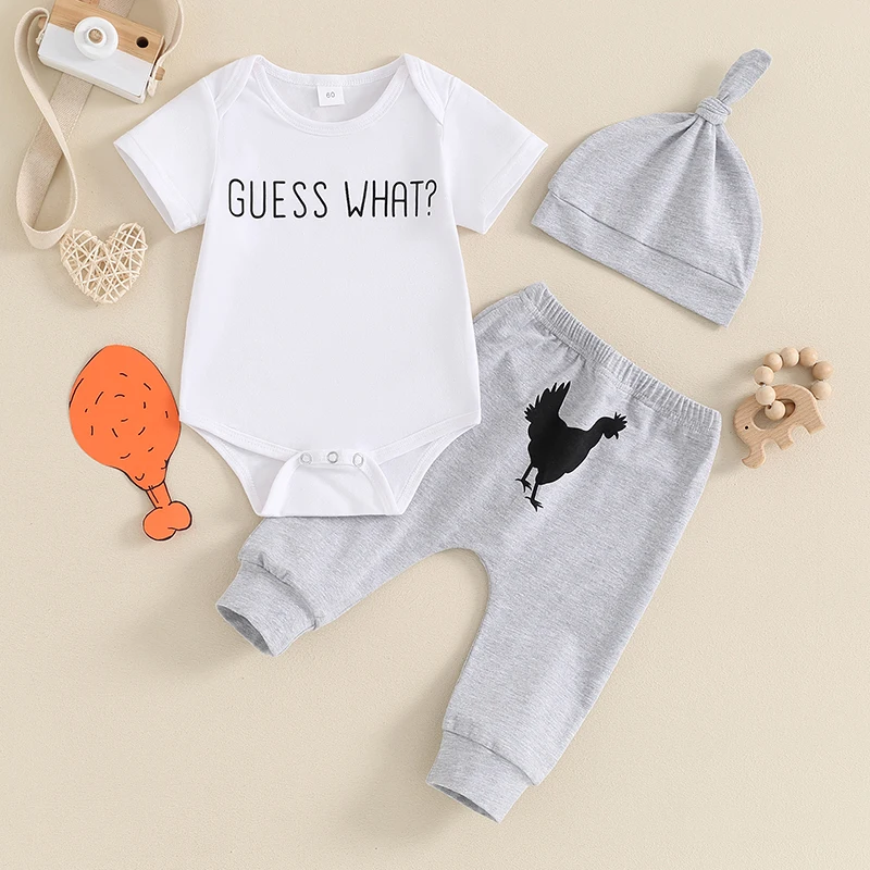 

2024-03-12 Lioraitiin 0-12M Baby Boy Clothes Outfits Letter Print Short Sleeve Romper with Rooster Print Trousers and Hat Set