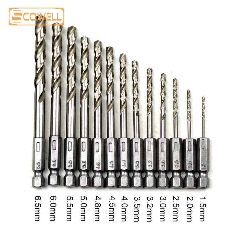 

13 Pack 1/4" Hex Shank Quickly Changed HSS Twist Drill Bits Jobber Drilling Bit Set Cut Metal Fully Ground 1.5 - 6.5mm DIY Tools