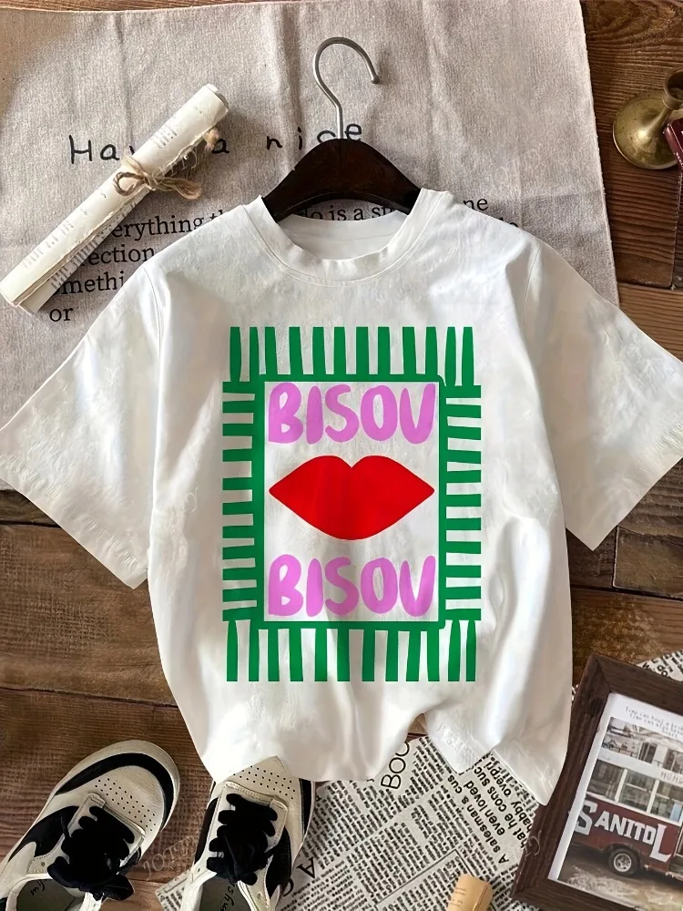 เสื้อยืดลายริมฝีปากโดดเด่น ดีไซน์ลายทาง ใส่สบายสไตล์ชิลล์