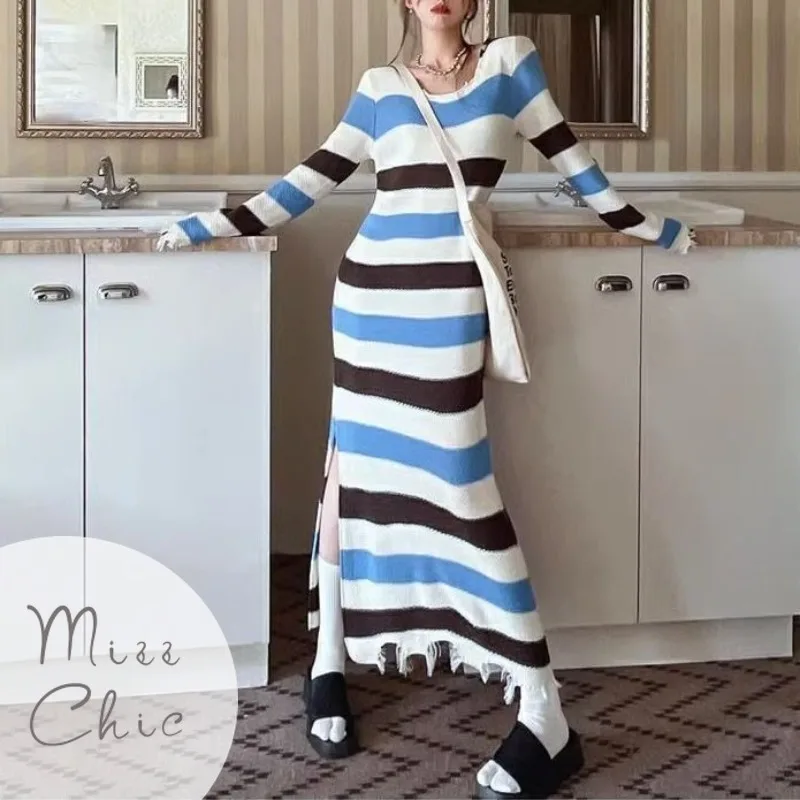 

Striped Knee Length Dress for Autumn Women's New French High-end Woolen Dresses Medium Length Autumn/winter Knit Bottom Layer