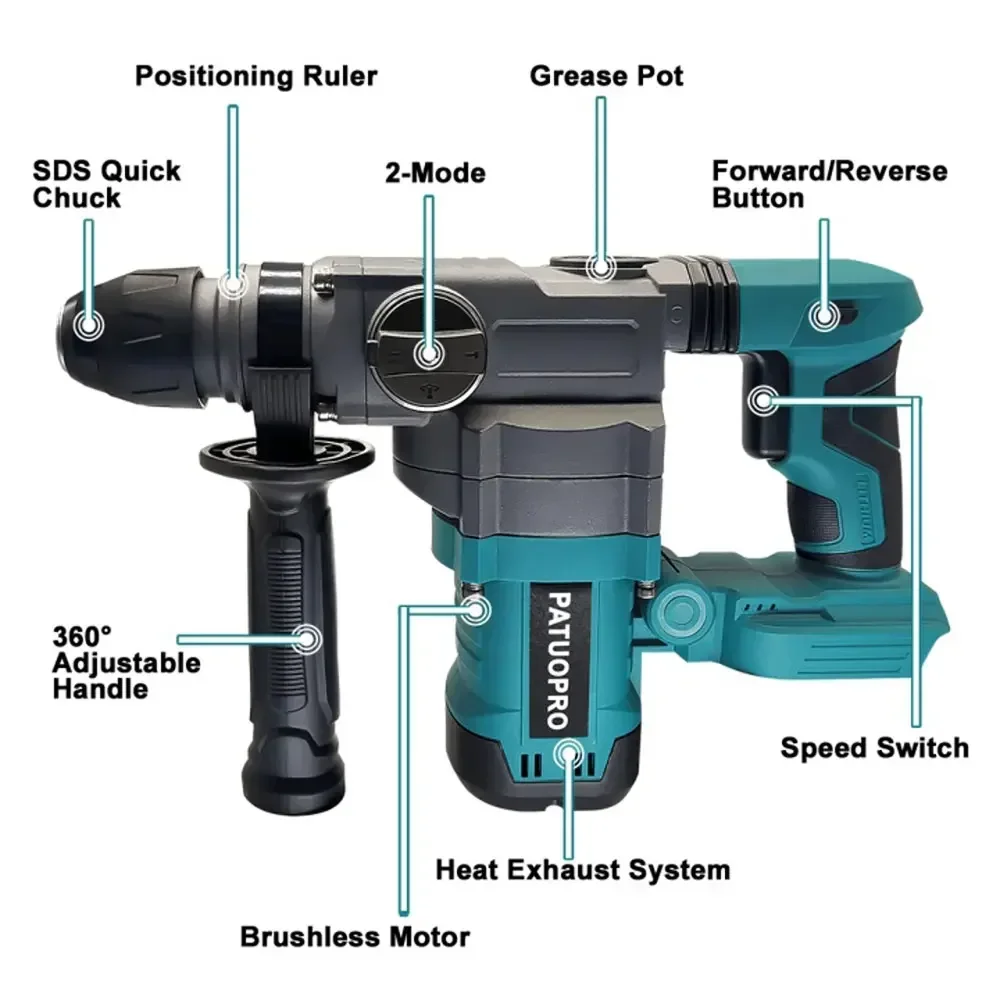 PATUOPRO 2280W Brushless 2-Mode Rotory Electric Hammer Handheld Impact Hammer Drill Fit Concrete Wood For Makita 18V Battery 3