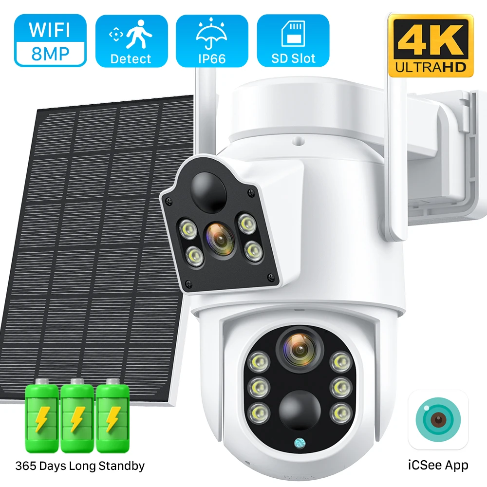 8MP 4K Solar Wirelesss Camera With 7800 mAh Battery Outdoor HD 4MP Dual Lens WiFi IP Camara Solar Panel CCTV Security Camera