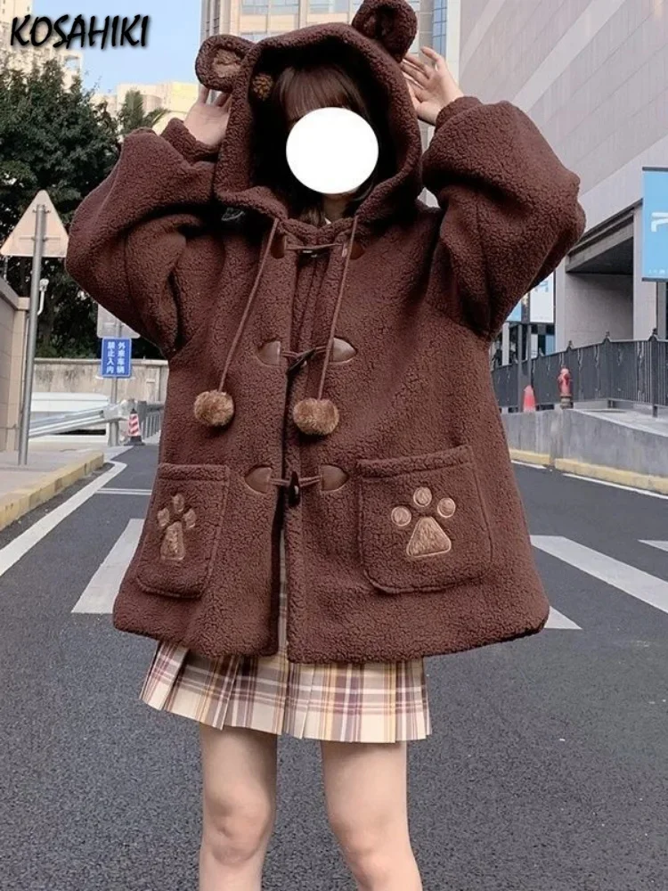 

Japanese Style Autumn Winter Women Sweet Lamb Wool Jacket Kawaii Soft Bear Ears Hooded Coats Girls New Cute Outwear