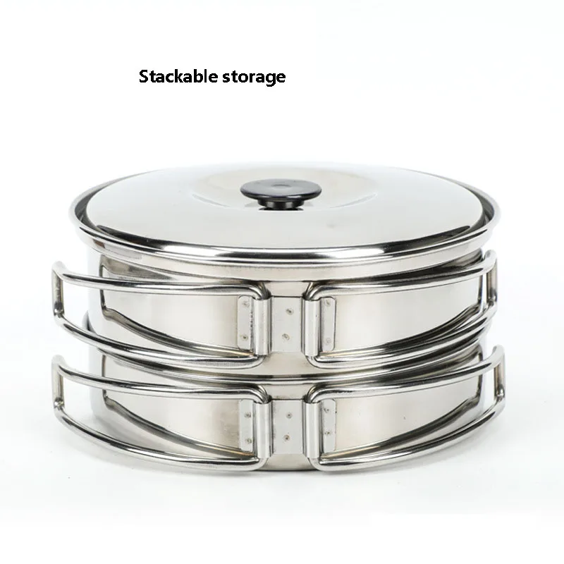 

Stainless Steel Outdoor Pot Camping Cookware Kitchenware Stackable Storage with Storage Bag with Foldable Handle for 2-3-Person