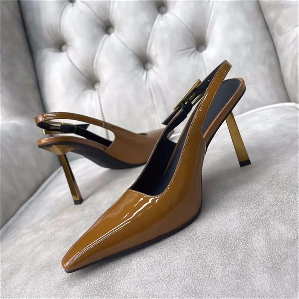 

Women's Patent Leather Pointed Toe Side Buckle Slingback Stiletto High Heels Baotou Metal Thin Heel Shallow Mouth Sandals