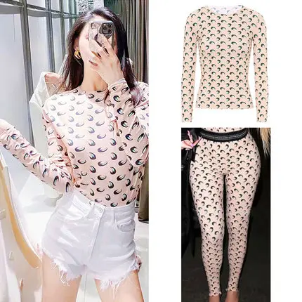 Moon Print Long Sve Base Layer irt Women's Inner Wear Layering Tool Bla T-irt Commute Sle Korean Fit Summer Thin