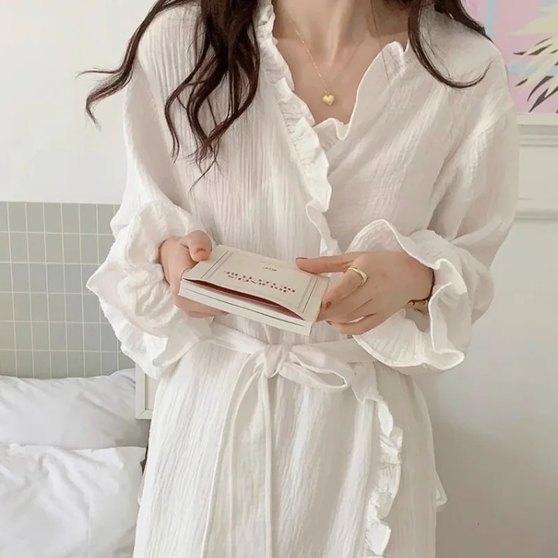 Women's Spring and Summer New Simple Long-Sleeved Robe Girls Sweet Ins Wind Ruffled Thin Section of Solid Color Pajamas Home Wea 5