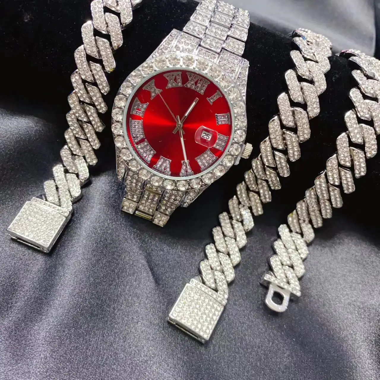 3PCS Calendario Hip Hop da donna da uomo Quadrante rosso Orologio Collana Bracciale Set di gioielli Bling Oro Sier Diamond Uomo Catena cubana_voghion.com
