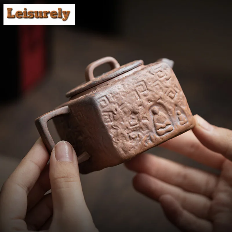 130ml Retro Rough Pottery Square Teapot Ancient Tea Infuser Pot Tea Brewing Kettle with Ball Hole White Tea Tea Services Craft