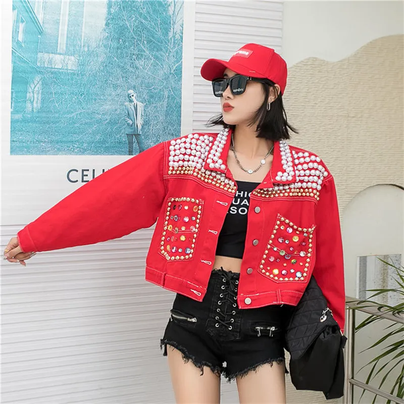Fashion Brand Pearl Rhinestone Heavy Industry Denim Jacket Female 2023  Spring Loose Lapels Long Sleeve Short Red Coat Women - AliExpress