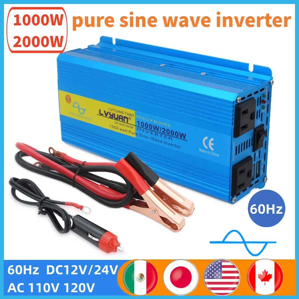 Inversor de Onda Senoidal Pura Adaptador de Carregamento Conversor Saída Usb Dupla Tomada Eua Pico 2000w dc 12v 24v para ac 100v 110v 120v