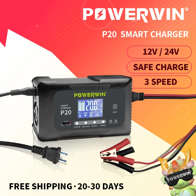 POWERWIN P20 20A 12V20A 24V10A Battery Smart Charger Automatic Pulse Repair LCD LiFePO4 AGM Lead-Acid Lithium BT100 BT200