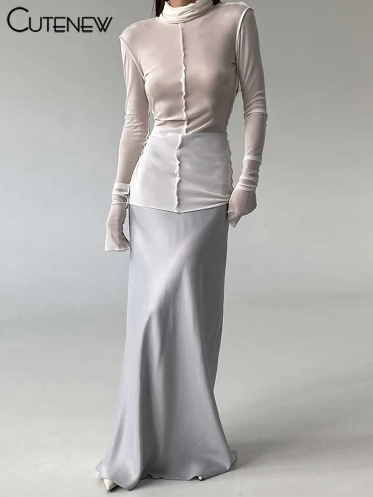 Solid Thin Sheer Autumn Women T-shirts Classic Ruched Trim High Collar Full Sleeve Basic Tees Female All-matched Tops