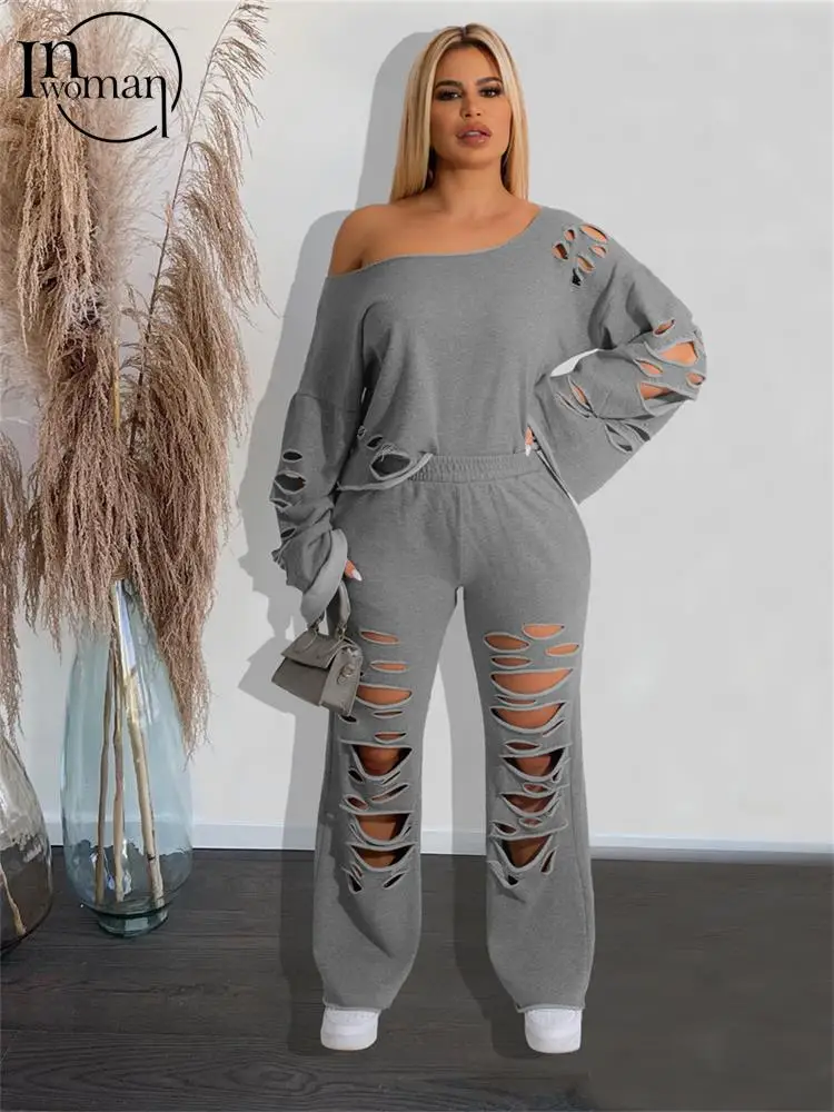 

Inwoman Gray One Shoulder Casual 2 Two Piece Pant Set Club For Women 2023 Fall Winter Hollow Out Ripped Pollover Top Pant Set