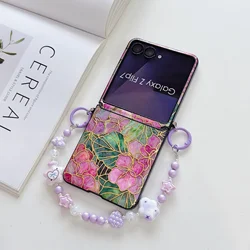 Luxury Retro Flower Phone Case with Crystal Beads Chain and Wrist Strap - Shockproof Cover for Galaxy Z Flip5 (Red)