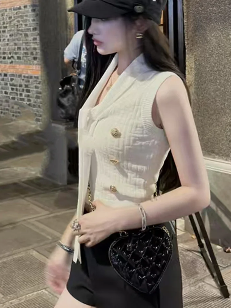 New Women's V-neck Knitted Sleeveless Vest, Elegant Collar Lace-up Double-breasted Pullover Top Fashion Lady's Clothing
