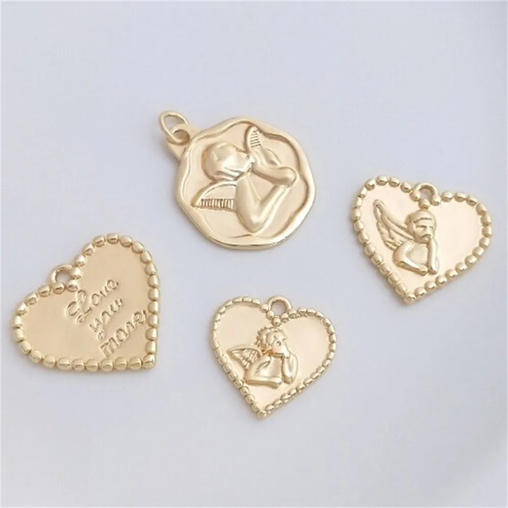 14K Gold-coated Angel Heart-shaped Pendant Love Angel Tag Diy Handmade Bracelet Necklace Jewelry Charms Pendant K387
