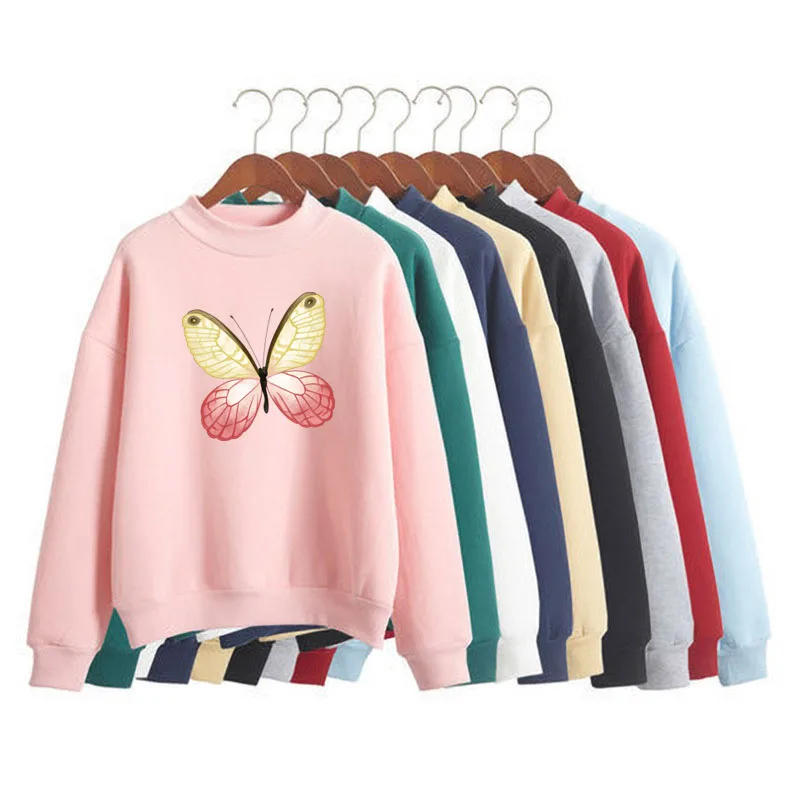

Cartoon Butterfly Floral Elegant Print Women Sweatshirt Korean O-neck Knitted Pullover Thick Autumn Candy Color Lady Clothing