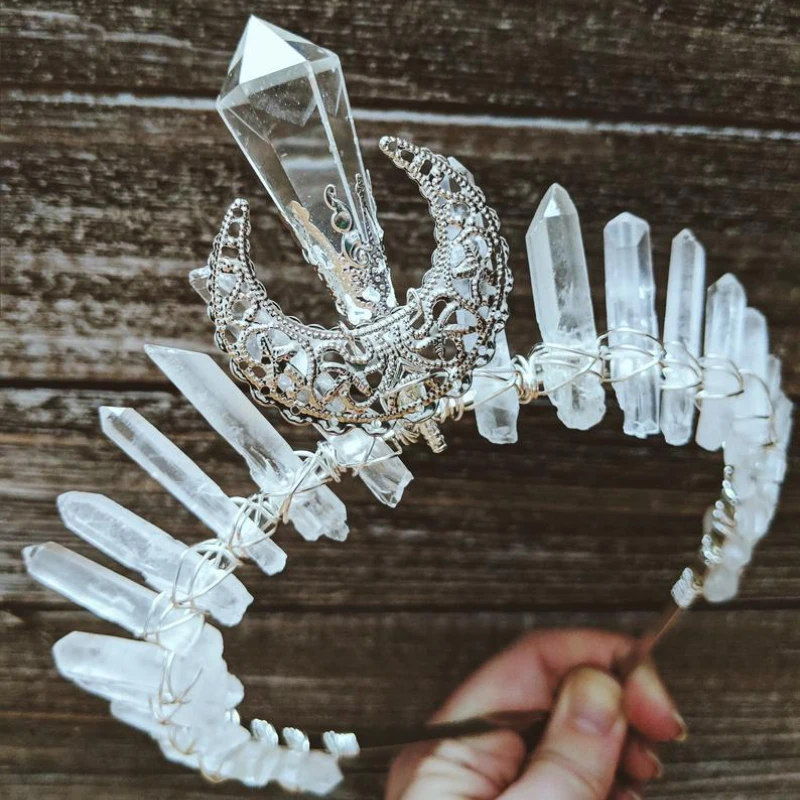 Good Present Witch Moon Accessories Electroplating Multicolored Crystal Crown Handmade Bridal Hair Band Hair Accessories