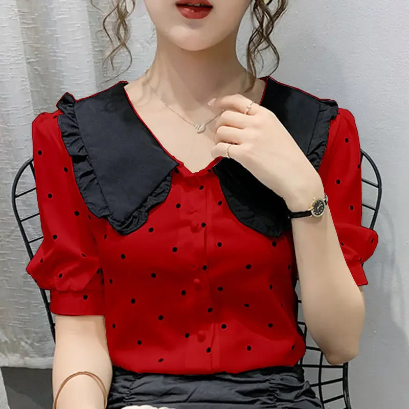 Sweet Peter Pan Collar Printed Polka Dot Spliced Oversized Chiffon